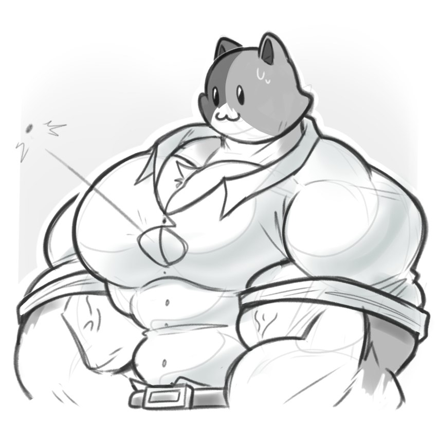 :3 anthro belt big_muscles big_pecs bodily_fluids button_(fastener) button_pop clothing dress_shirt huge_muscles huge_pecs male moobs muscular muscular_male pecs shirt solo sweat topwear tuft wardrobe_malfunction its_coldpizza epic_games fortnite meowscles calico_cat domestic_cat felid feline felis mammal hi_res