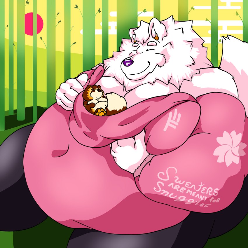 anthro bamboo bamboo_forest bamboo_tree barazoku belly bottomwear cherry_blossom clothed clothing cloud duo eyes_closed flower fluffy fluffy_tail forest fur hair head_tuft hoodie hug hyper kemono larger_male male male/male micro navel neck_tuft obese obese_anthro obese_male overweight overweight_anthro overweight_male pants plant plantigrade prunus_(flower) purple_nose red_sun simple_background size_difference smaller_male smile sweater sweater_hug tail text thick_thighs topwear tree tuft white_body white_fur yellow_ears yoga_pants fujiyama_samoyed bumble_beans_(fujiyamasamoyed) fujiyama_kenhaku arthropod bee canid canine canis domestic_dog hybrid hymenopteran insect mammal nordic_sled_dog raccoon_dog samoyed spitz tanuki 1:1 cel_shading digital_media_(artwork) english_text shaded soft_shading