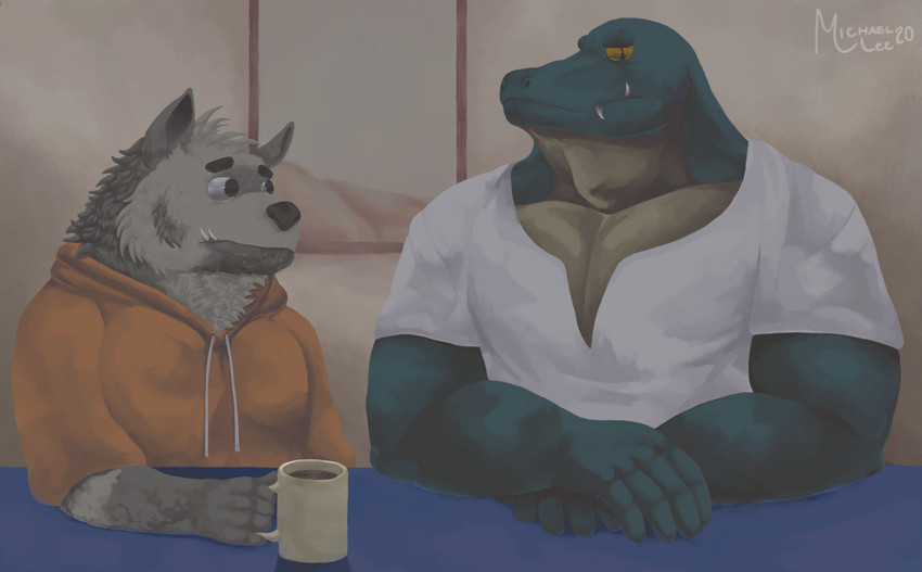 5_fingers anthro beverage clothing coffee coffee_mug duo fingers fur furniture green_body grey_body grey_fur holding_coffee_mug holding_object hoodie humanoid_hands inside looking_at_another looking_at_viewer male muscular muscular_male orange_clothing orange_hoodie orange_topwear painting shirt sitting table teeth topwear white_clothing white_shirt white_topwear yellow_eyes gayredalligator password_(visual_novel) dave_(password) sal_(password) crocodile crocodilian hyena mammal reptile scalie striped_hyena 2020 hi_res signature