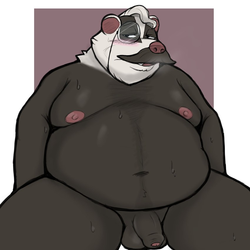 anthro balls belly big_belly black_body eyewear facial_hair flaccid foreskin genitals humanoid_genitalia humanoid_penis male monocle moobs mustache navel nipples nude overweight overweight_male penis simple_background solo white_body smush-sin dungeons_of_aether rivals_of_aether alex_badger badger mammal mustelid musteline 2024 hi_res