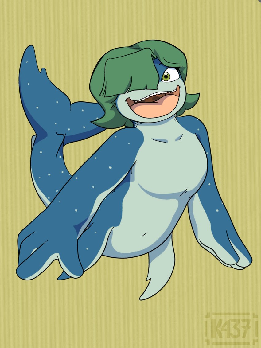 anthro blue_body female green_hair hair hair_over_eye legless one_eye_obstructed serpentine shark_tail solo gum-k mint_(gum-k) carpet_shark fish marine shark whale_shark 2021 3:4 hi_res