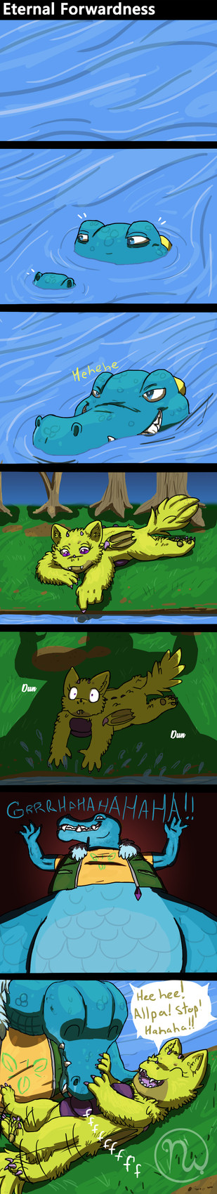 4_fingers 4_toes anthro blowing_on_stomach blowing_raspberries blue_body blue_eyes blue_scales bulging_neck cheek_tuft claws clothed clothing dialogue dirt duo evil_grin evil_laugh eyebrows eyelashes eyes_closed facial_scar facial_tuft family fangs feet female feral fingers fluffy fluffy_arms fluffy_legs fluffy_tail fur grass green_clothing green_topwear green_vest half-closed_eyes hand_on_face horn imposing inner_ear_fluff laugh legs_in_air logo logo_on_clothing lying male markings membrane_(anatomy) membranous_wings motion_lines multicolored_body multicolored_scales narrowed_eyes on_front orange_clothing orange_shirt orange_t-shirt orange_topwear outside pantsless pantsless_anthro pantsless_male partially_submerged pawpads paws plant playful pupils purple_body purple_claws purple_eyes purple_horn purple_scales purple_scutes purple_tongue ripples scales scar scared scutes shadow shirt sky slit_pupils smile sound_effects speech_bubble splash spots spotted_markings spotted_tail standing standing_over t-shirt tail tail_markings teeth text toes tongue topwear touching_water tree tuft ventral_scales vest water wing_claws wings yellow_body yellow_fur yellow_inner_ear_fluff yellow_pawpads yellow_scutes zipper zipper_down zipper_topwear skywater eternal_forwardness nathile_tiduna rita_yoshimi_tiduna alligatorid azurlligator canid canine canis crocodilian hybrid mammal reptile scalie wolvoon 2017 absurd_res artist_logo comic digital_media_(artwork) english_text hi_res long_image tall_image adopted_(lore) adopted_daughter_(lore) adoptive_father_(lore) daughter_(lore) father_(lore) father_and_child_(lore) father_and_daughter_(lore) parent_(lore) parent_and_child_(lore) parent_and_daughter_(lore)