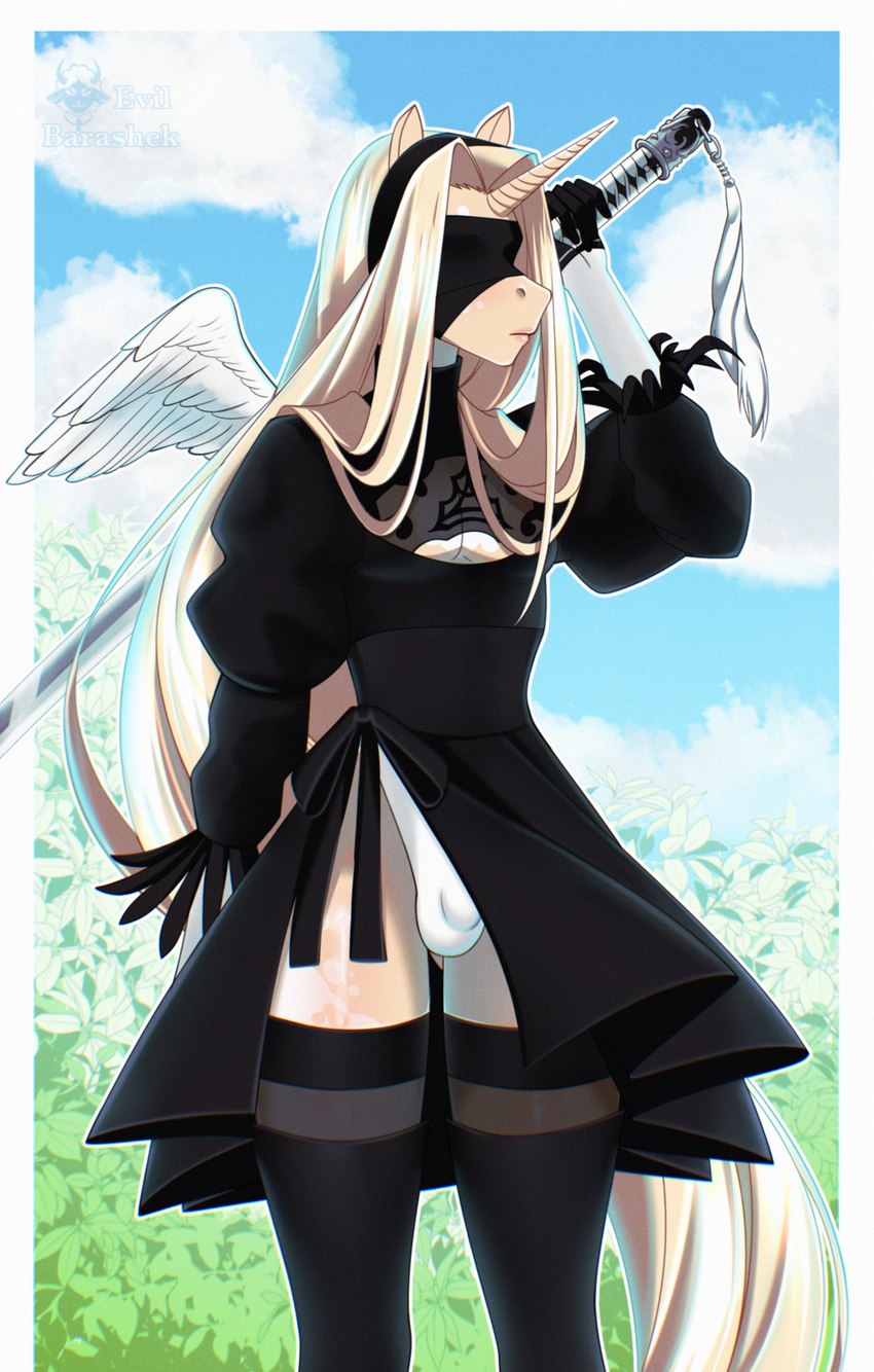 anthro biped black_blindfold black_clothing black_dress blindfold blonde_hair bulge clothed clothing cosplay detailed_bulge dress femboy footwear fur fur_markings hair horn lace legwear male male_anthro markings melee_weapon shoes simple_background solo standing stockings sword thick_thighs underwear weapon white_body white_clothing white_fur white_underwear wings yellow_body yellow_fur evilbarashek kinktober mythology nier nier_automata platinumgames cyrus_(evilbarshek) yorha_2b equid equine horse mammal mythological_creature mythological_equine winged_unicorn 2024 digital_drawing_(artwork) digital_media_(artwork) hi_res