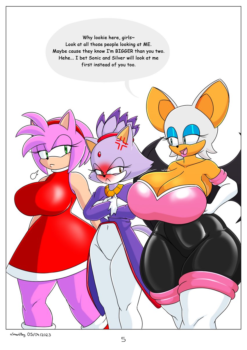 :< annoyed anthro big_breasts black_bodysuit black_clothing black_skinsuit blush bodysuit breast_envy breasts clothed clothing cross-popping_vein curvy_figure dialogue dress female group huge_breasts looking_at_breasts open_mouth red_clothing red_dress skinsuit smug speech_bubble standing text thick_thighs tight_clothing trio voluptuous white_bodysuit white_clothing white_skinsuit wide_hips asmartboy sega sonic_the_hedgehog_(series) amy_rose blaze_the_cat rouge_the_bat bat domestic_cat eulipotyphlan felid feline felis hedgehog mammal absurd_res english_text hi_res