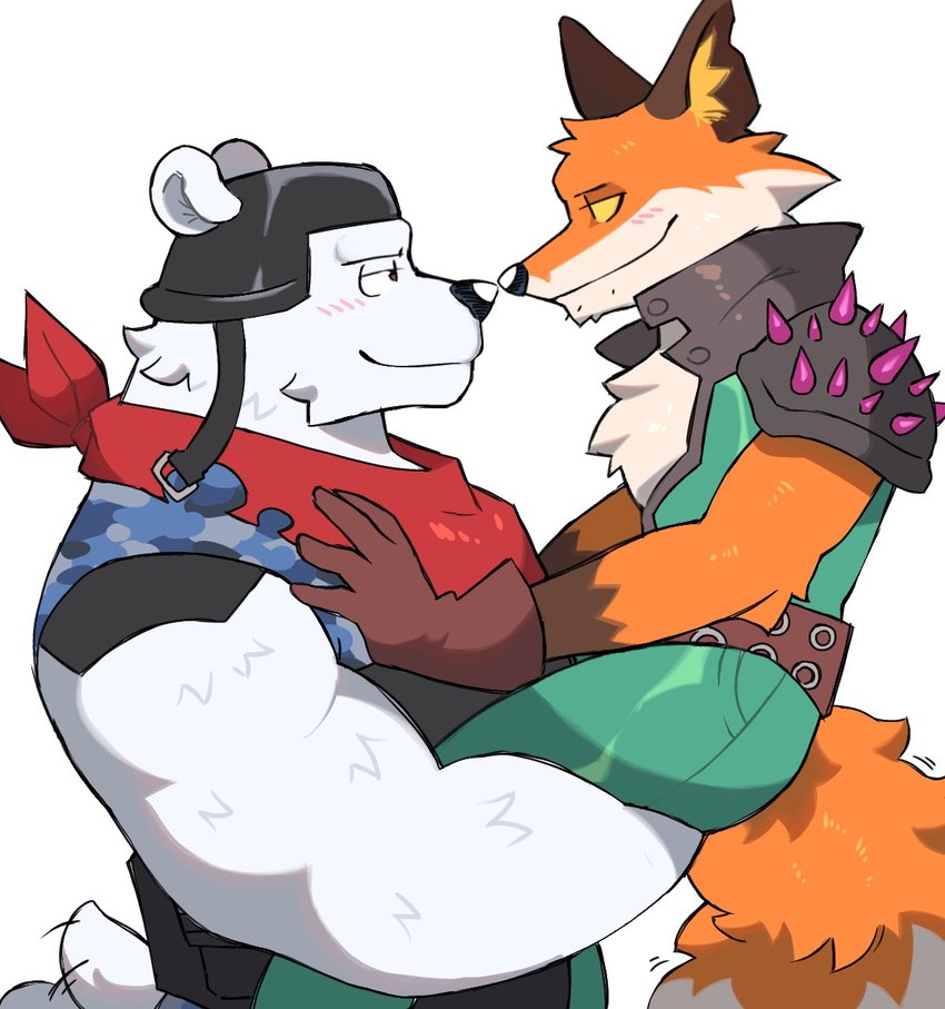 anthro blush carrying_another carrying_partner duo eye_contact fur hug looking_at_another male male/male orange_body orange_fur smile white_body white_fur sparklesart_2 epic_games fortnite fennix_(fortnite) polar_patroller bear canid canine fox mammal polar_bear red_fox true_fox ursine hi_res