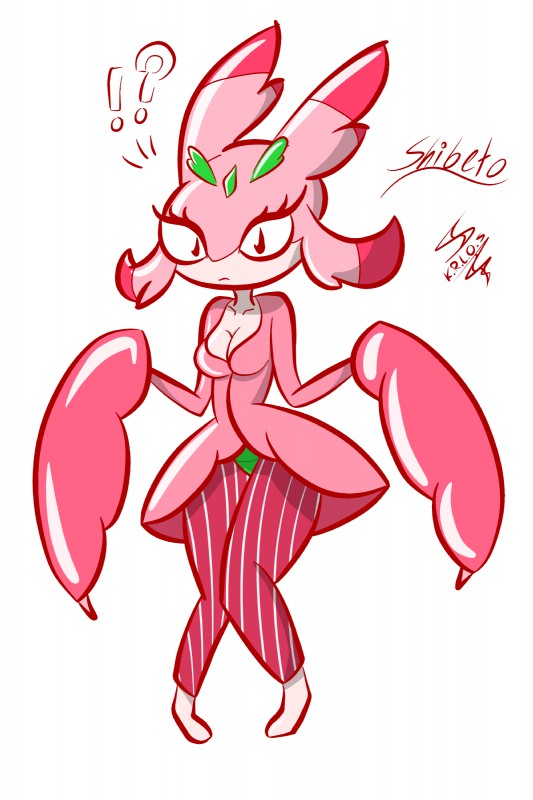 anthro bottomwear breasts claws clothed clothing dress exclamation_point eyelashes female long_ears long_eyelashes looking_at_viewer non-mammal_breasts pants question_mark red_eyes simple_background solo servaart shibeto nintendo pokemon arthropod generation_7_pokemon insect lurantis pokemon_(species) 2:3 absurd_res digital_media_(artwork) hi_res