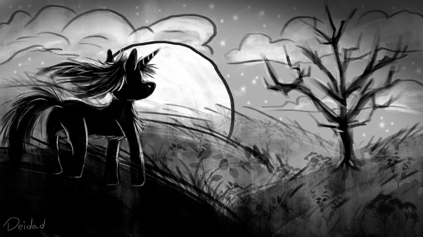 ambiguous_gender dead_tree horn landscape plant silhouette sky skyscape solo tree deidad_dissitum mythology equid equine mammal mythological_creature mythological_equine unicorn 16:9 2022 greyscale hi_res monochrome sketch widescreen