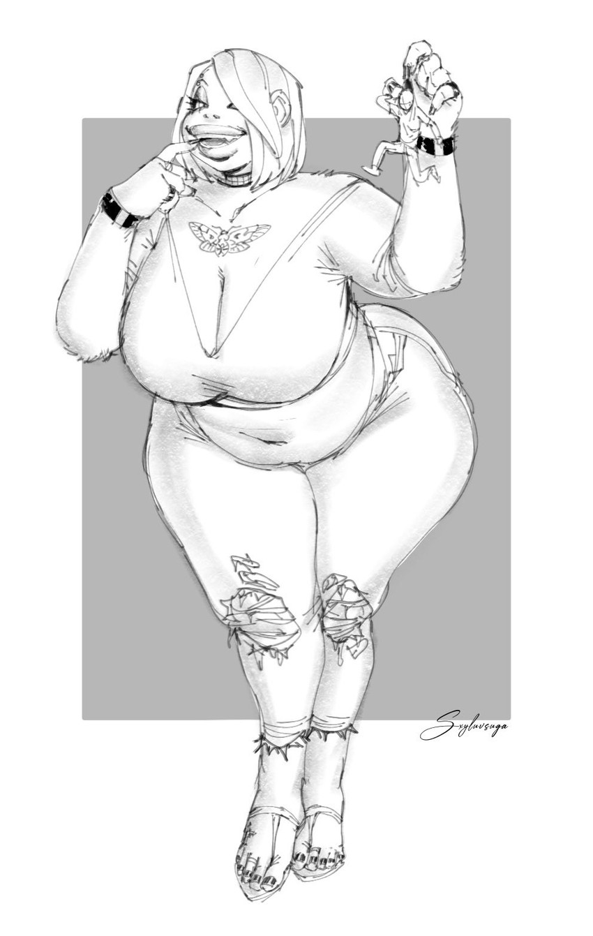 5_fingers 5_toes anthro big_breasts border bottomwear bracelet breasts chest_tattoo choker cleavage clothed clothing crop_top digit_ring duo extreme_size_difference eyebrow_piercing facial_piercing feet female finger_ring fingers foot_tattoo footwear grey_background hair hair_over_eye holding_character huge_breasts jewelry leaning leaning_forward lips micro midriff necklace open_mouth open_smile overweight overweight_female pants piercing ring sandals shirt shoes short_hair simple_background size_difference smile tattoo thick_lips thick_thighs toe_ring toes topwear torn_bottomwear torn_clothing torn_pants white_border wide_hips sxyluvsu anon trisha_(redustheriotact) ape gorilla haplorhine humanoid mammal primate 2025 greyscale hi_res monochrome signature