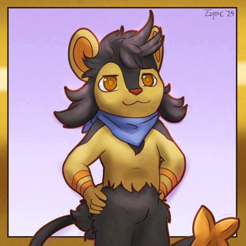 anthro border fur hair male scarf simple_background solo tail young young_anthro liryal nintendo pokemon felid generation_4_pokemon luxio mammal pokemon_(species) shiny_pokemon 1:1 digital_media_(artwork)