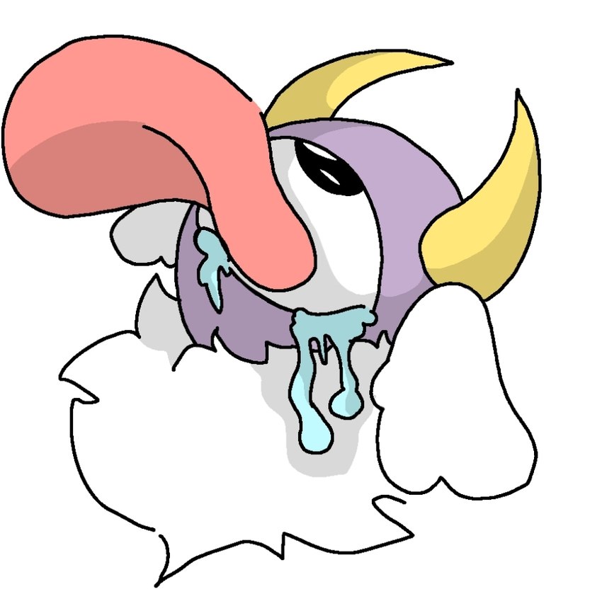 1_eye 2_horns black_eyes bodily_fluids eye_licking female floppy_ears fluffy_ears fur horn mouthless neck_tuft noseless not_furry pink_tongue purple_head simple_background solo tears tongue tuft white_background white_body white_fur yellow_horn i11ogica1 aliasing bust_portrait cel_shading digital_drawing_(artwork) digital_media_(artwork) portrait shaded