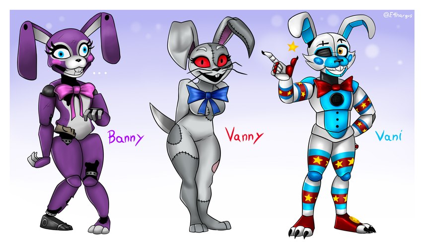 anthro blue_eyes bow_tie buckteeth female looking_at_viewer machine male one_eye_closed open_mouth red_eyes stitch_(sewing) teeth whiskers e4hargus five_nights_at_freddy's scottgames the_walten_files banny_(twf) fan_character vanny_(fnaf) animatronic lagomorph leporid mammal rabbit robot 2021 absurd_res digital_media_(artwork) hi_res