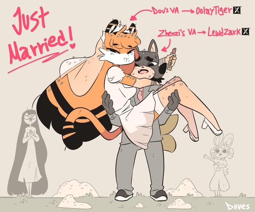 anthro bridal_carry candy candy_bar carrying_another carrying_partner clothing dessert dress duo female food footwear high_heels male male/female married married_couple rice shoes suit suit_and_tie text wedding wedding_dress wedding_veil diives xingzuo_temple dou_(diives) gu_(diives) zhenzi_(diives) zhima_(diives) canid canine canis domestic_dog felid mammal murid murine pantherine rat reptile rodent scalie snake tiger 2025 6:5 english_text hi_res