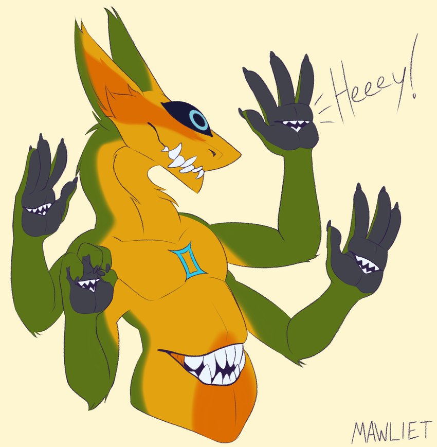 1_eye anthro cute_fangs dialogue fangs male mouth_closed mouth_on_chest multi_arm multi_hand multi_limb multi_mouth multicolored_body open_mouth solo teeth mawliet gemini_the_sergal sergal hi_res