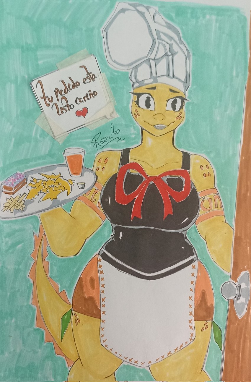 anthro apron beverage bottomwear bow_tie chef_hat clothing container cup dino_nugget door female food grin hat headgear headwear heart_symbol holding_platter long_tail looking_at_viewer orange_body orange_scales platter scales shirt simple_background skirt smile solo spiked_tail spikes spikes_(anatomy) standing tail tank_top teeth text topwear yellow_body yellow_scales redcito cooking_with_tracy tracy_(cwt) dinosaur prehistoric_species reptile scalie hi_res spanish_text traditional_media_(artwork)