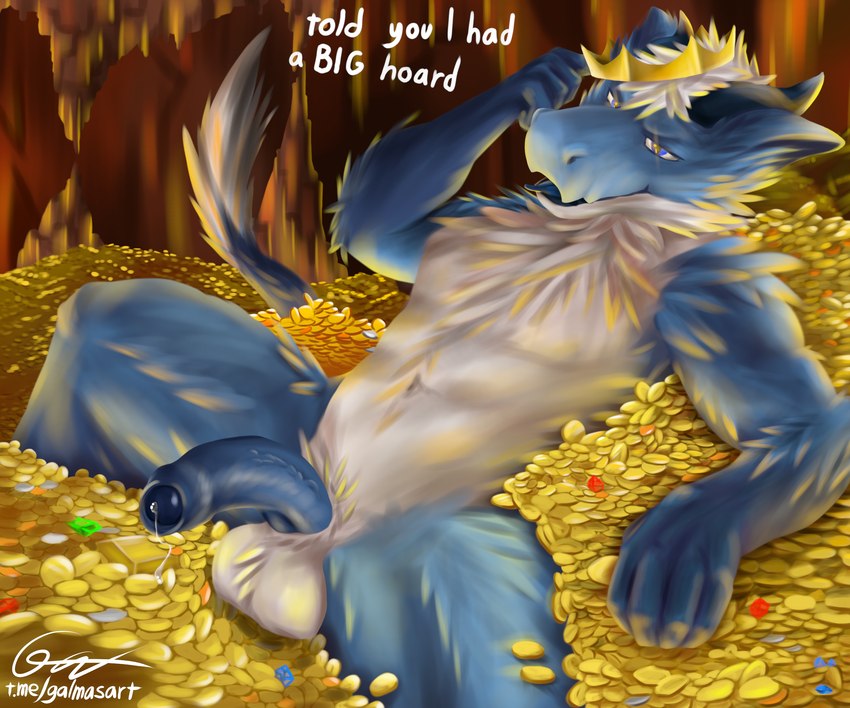 abs anthro arm_tuft aroused ball_tuft balls big_balls big_penis blue_body blue_eyes blue_fur bodily_fluids cave coin crown dialogue diamond_(gem) fingers fluffy foreskin fur gem genital_fluids genitals glistening glistening_genitalia glistening_penis gold_(metal) gold_coin gold_jewelry half-erect headgear hoard horn huge_penis humanoid_genitalia humanoid_penis jewelry lying male muscular muscular_male nude on_back open_mouth penis precum ruby_(gem) shoulder_tuft sitting solo tail text tongue tongue_out treasure tuft vein veiny_penis white_body white_fur galma mythology dragon furred_dragon furred_scalie mythological_creature mythological_scalie scalie 2024 6:5 absurd_res digital_media_(artwork) digital_painting_(artwork) english_text hi_res painting_(artwork) shaded signature traditional_media_(artwork) url