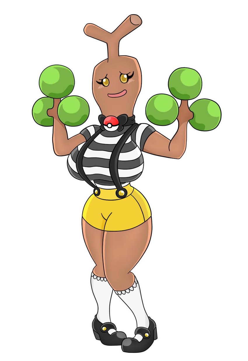 anthro big_breasts blush bottomwear bow_(feature) breasts brown_body clothing female footwear huge_breasts overalls pattern_clothing pattern_shirt pattern_topwear pokeball shirt shoes shorts simple_background socks solo striped_clothing striped_shirt striped_topwear stripes topwear white_background yellow_eyes urusee584 nintendo pokemon generation_2_pokemon pokemon_(species) sudowoodo hi_res