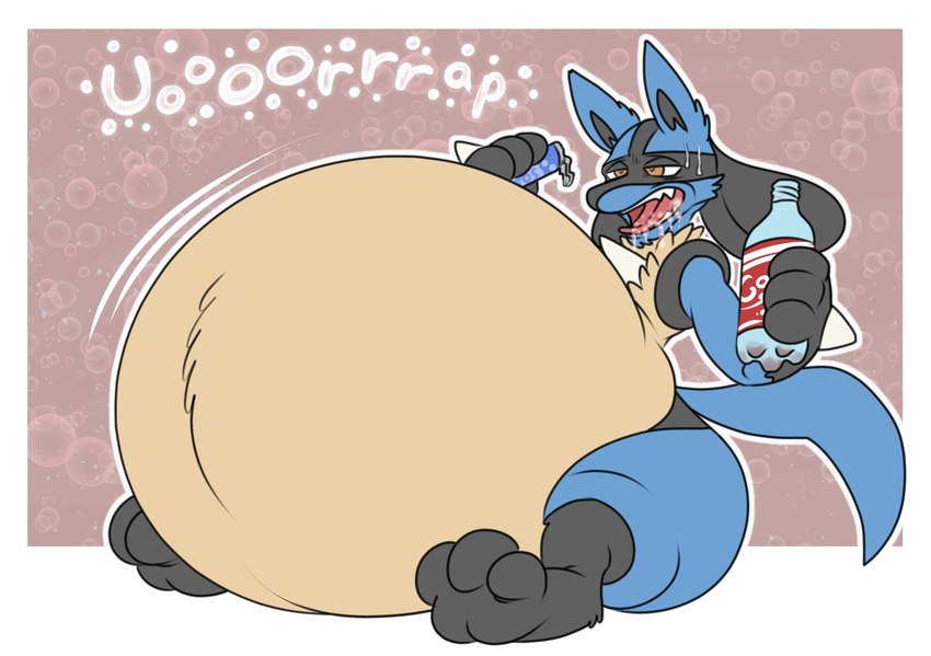 3_toes anthro belly belly_expansion belly_inflation beverage big_belly big_butt black_feet blue_body blue_fur bodily_fluids burping butt coke_and_mentos drooling expansion feet fur holding_object huge_belly hyper hyper_belly hyper_inflation inflation male narrowed_eyes open_mouth saliva simple_background sitting soda soda_bottle soda_inflation solo sweat sweatdrop teeth thick_thighs toes tongue tongue_out eggo21 coca-cola mentos nintendo pokemon generation_4_pokemon lucario pokemon_(species) hi_res