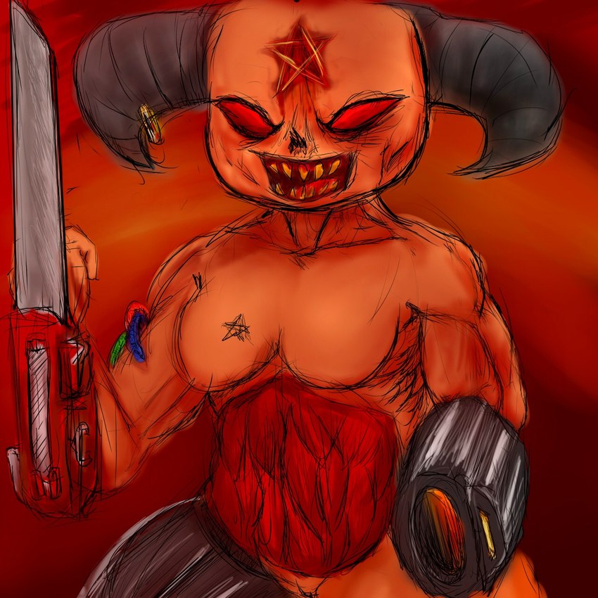 arm_blade arm_cannon bladed_weapon blood blood_in_mouth bodily_fluids breasts curved_horn cybernetics exposed_muscle featureless_breasts female gun handcannon horn huge_thighs machine melee_weapon muscular muscular_female noseless occult_symbol open_mouth pentagram ranged_weapon red_background red_eyes sharp_teeth simple_background solo symbol teeth thick_horn thick_thighs weapon weapon_arm wrist_blade wrist_weapon yellow_teeth elfabichucumgulla doom_(series) doom_eternal id_software microsoft cyberdemon demon humanoid monster 1:1 hi_res