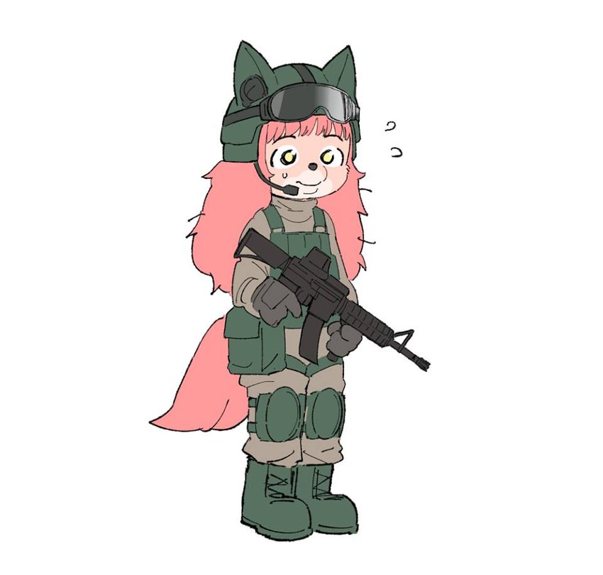 anthro ar_platform armor boots clothed clothing eyewear female female_anthro footwear fur furgonomic_headwear furgonomic_helmet furgonomics goggles gun hair headgear helmet holding_gun holding_object holding_ranged_weapon holding_rifle holding_weapon kemono long_hair military military_uniform pink_body pink_fur pink_hair ranged_weapon rifle shoes solo standing uniform weapon yellow_eyes young young_anthro theterm fur_(theterm) canid canine canis domestic_dog mammal