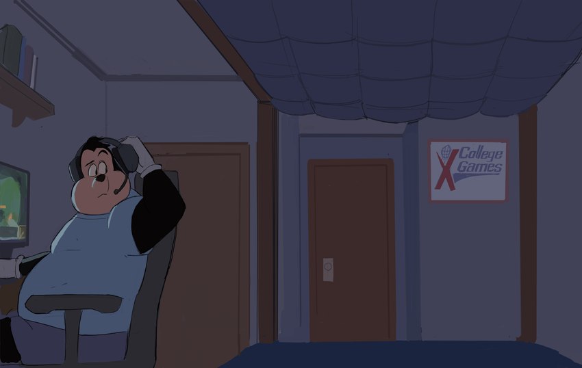 anthro bed bedroom black_body black_eyebrows black_fur black_hair black_nose blue_bottomwear blue_clothing blue_shirt blue_shorts blue_text blue_topwear book bottomwear chair clothed clothed_anthro clothed_male clothing computer denim denim_bottomwear denim_clothing desk door ear_piercing electronics eyebrows fur furniture gloves hair handwear hug inside intraspecies male male_anthro midriff monitor mouth_closed multicolored_body multicolored_fur obese obese_anthro obese_male office_chair overweight overweight_anthro overweight_male pants piercing poster shelf shirt short_hair shorts sitting snout solo standing t-shirt table tan_body tan_fur text topwear two_tone_body two_tone_fur white_clothing white_gloves white_handwear amugea disney goof_troop pj_(goof_troop) canid canine canis domestic_dog mammal absurd_res english_text hi_res