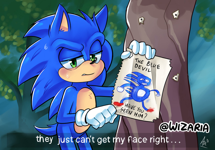 anthro bodily_fluids clothing dialogue fur gloves green_eyes half-closed_eyes handwear looking_at_viewer male narrowed_eyes plant solo sweat text tree wizaria disney sega sonic_the_hedgehog_(series) tangled_(disney) sanic sonic_the_hedgehog eulipotyphlan hedgehog mammal 2020 english_text hi_res meme signature