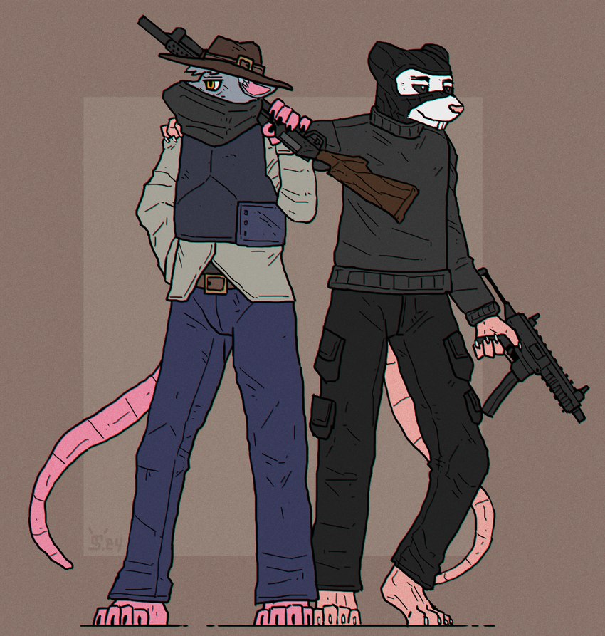 anthro armed automatic_rifle automatic_weapon balaclava bank_robbery barefoot black_balaclava black_bottomwear black_clothing black_eyes black_mask black_pants black_shirt black_topwear blue_bottomwear blue_clothing blue_pants bottomwear brown_clothing brown_hat brown_headwear burglar burglary claws clothing crime criminal dominant dominant_anthro dominant_male duo feet fugitive fur gold_(metal) grabbing_shoulders grey_body grey_fur gun hand_on_shoulder hat headgear headwear heist holding_gun holding_object holding_ranged_weapon holding_rifle holding_shotgun holding_shoulder holding_weapon looting male manly mask muscular muscular_anthro muscular_male pants pink_body pink_fur pink_paws pink_tail ranged_weapon rifle robber robbery robbing shirt shotgun stealing tail thief thug topwear weapon white_body white_clothing white_fur white_shirt white_topwear alexandrys mammal murid murine rat rodent