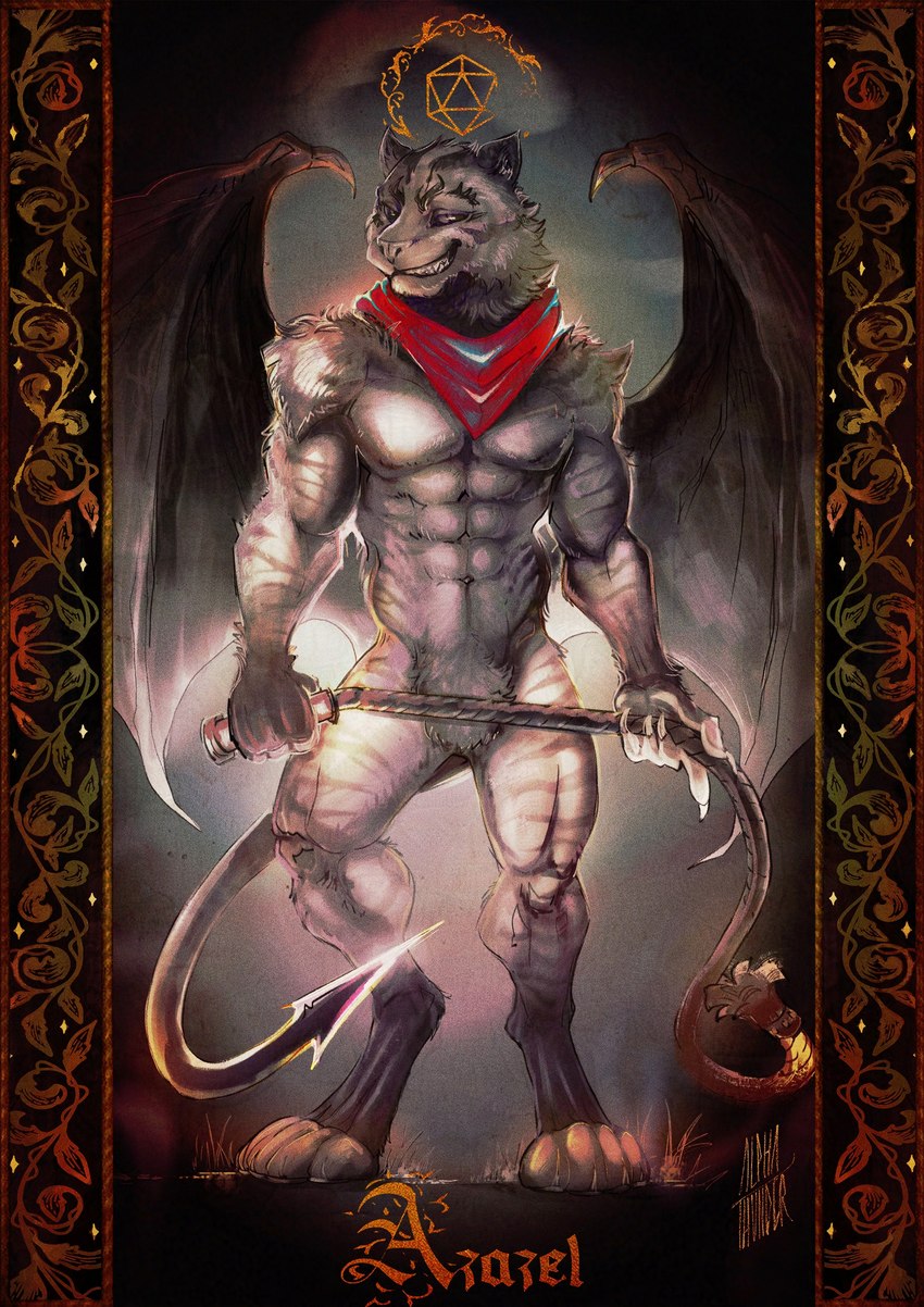 abs anthro bat_wings dice featureless_crotch fur male membrane_(anatomy) membranous_wings mostly_nude multicolored_body multicolored_fur neck_scarf paws pointed_tail smile smirk solo striped_body striped_fur stripes two_tone_body two_tone_fur whip wings alpha-thunder felid mammal pantherine tiger absurd_res hi_res