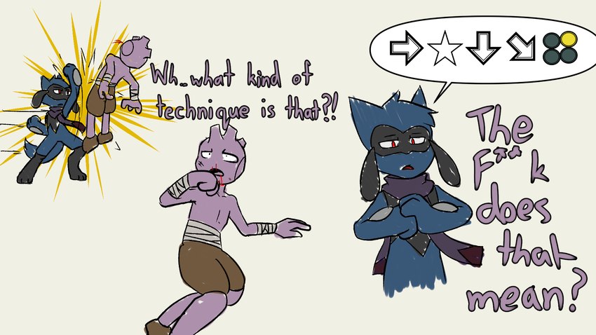 anthro attack biped blue_body blue_tail duo exclamation_point fingers male paws punch purple_body purple_text question_mark red_eyes scarf speech_bubble standing tail text white_sclera novaarts nintendo pokemon pokemon_mystery_dungeon spike_chunsoft generation_2_pokemon generation_4_pokemon humanoid pokemon_(species) riolu tyrogue 2024 digital_media_(artwork) hi_res sketch