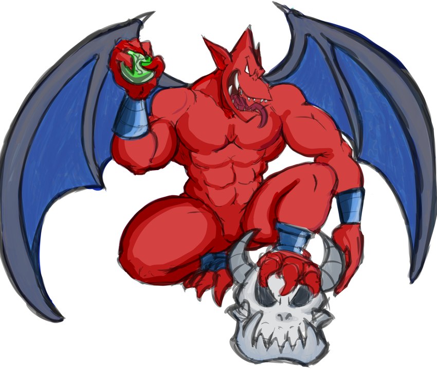 abs anklet bone bracelet featureless_chest featureless_crotch humanoid_pointy_ears jewelry male membrane_(anatomy) membranous_wings muscular nude pointy_ears red_body skull smile solo tongue tongue_out wings monkeysuit capcom demon's_crest gargoyle's_quest ghosts_'n_goblins firebrand demon gargoyle red_arremer digital_media_(artwork)