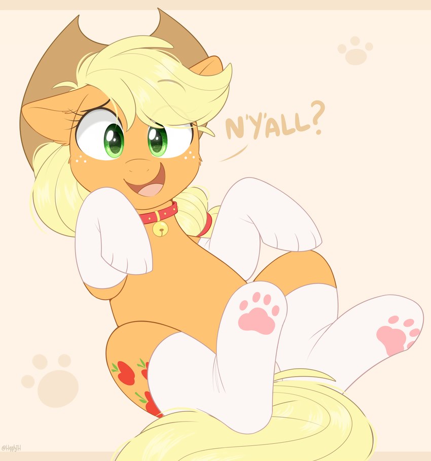 bell bell_collar blonde_hair blonde_mane clothing collar cowboy_hat cutie_mark dialogue female feral footwear freckles fur green_eyes hair hat headgear headwear legwear looking_at_viewer lying mane on_back open_mouth orange_body orange_fur paw_socks pawpads simple_background socks solo tail text thigh_highs yellow_tail higglytownhero friendship_is_magic hasbro my_little_pony applejack_(mlp) earth_pony equid equine horse mammal pony 2022 hi_res