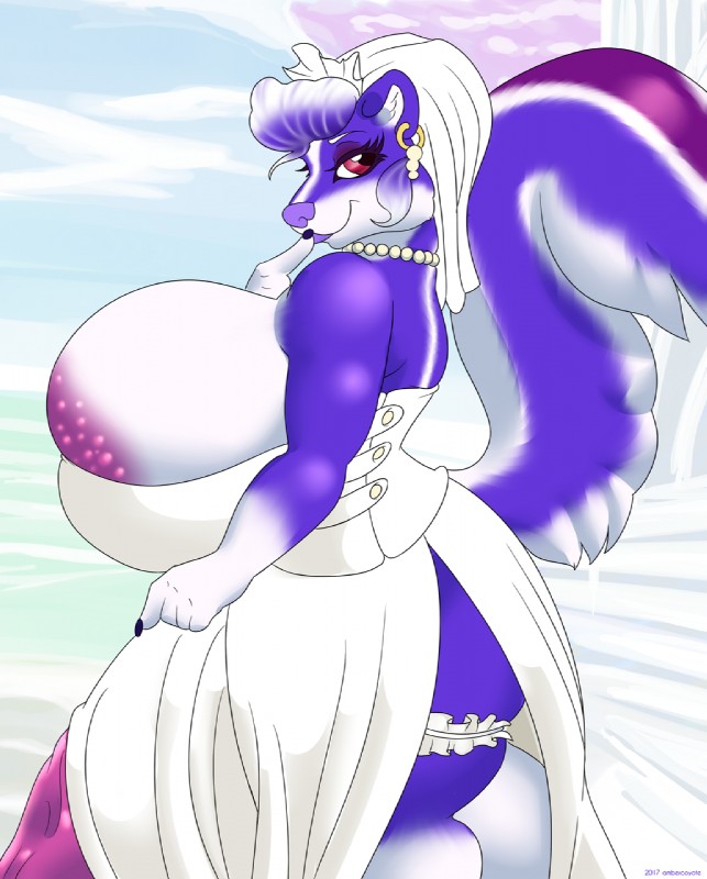 anthro balls big_balls big_breasts big_tail biped blue_body blue_fur blue_hair blue_tail breasts bride clothed clothing dress erection eyelashes fluffy fluffy_tail fur genitals gynomorph hair huge_balls huge_breasts hyper hyper_balls hyper_genitalia intersex penis simple_background smile solo tail wedding_dress ambercoyote xaxoqual mammal mephitid skunk digital_media_(artwork) hi_res