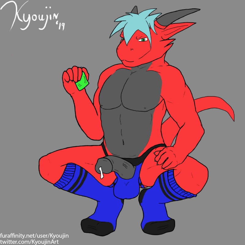 anthro athletic athletic_anthro athletic_male balls bodily_fluids clothed clothing crouching cum erection footwear genital_fluids genitals humanoid_genitalia humanoid_penis jockstrap legwear looking_at_viewer male partially_clothed penis socks solo tail underwear kyoujin mythology dragon mythological_creature mythological_scalie scalie 1:1 hi_res