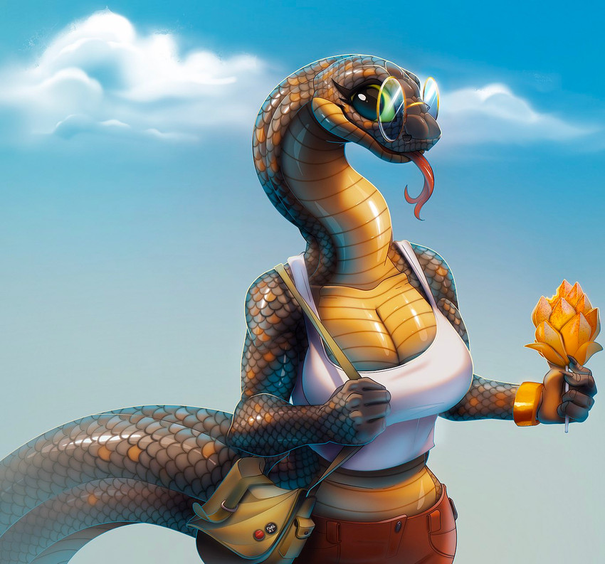 anthro big_breasts bottomwear breasts cleavage clothed clothing cloud eyewear female food forked_tongue fruit glasses holding_food holding_object long_neck looking_at_viewer mango_(fruit) non-mammal_breasts outside pants plant purse scales shirt sky smile solo tail tank_top tongue tongue_out topwear fivel reptile scalie snake hi_res