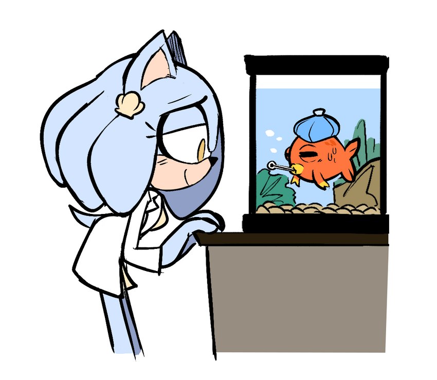 anthro aquarium blue_body blue_fur clothing coat doctor female feral fish_tank fur icepack lab_coat scientific_instrument simple_background thermometer thin_calves thin_legs thin_thighs topwear vivarium white_background lettuce_(artist) sega sonic_the_hedgehog_(series) fan_character honeydew_(lettuce) eulipotyphlan fish hedgehog mammal marine