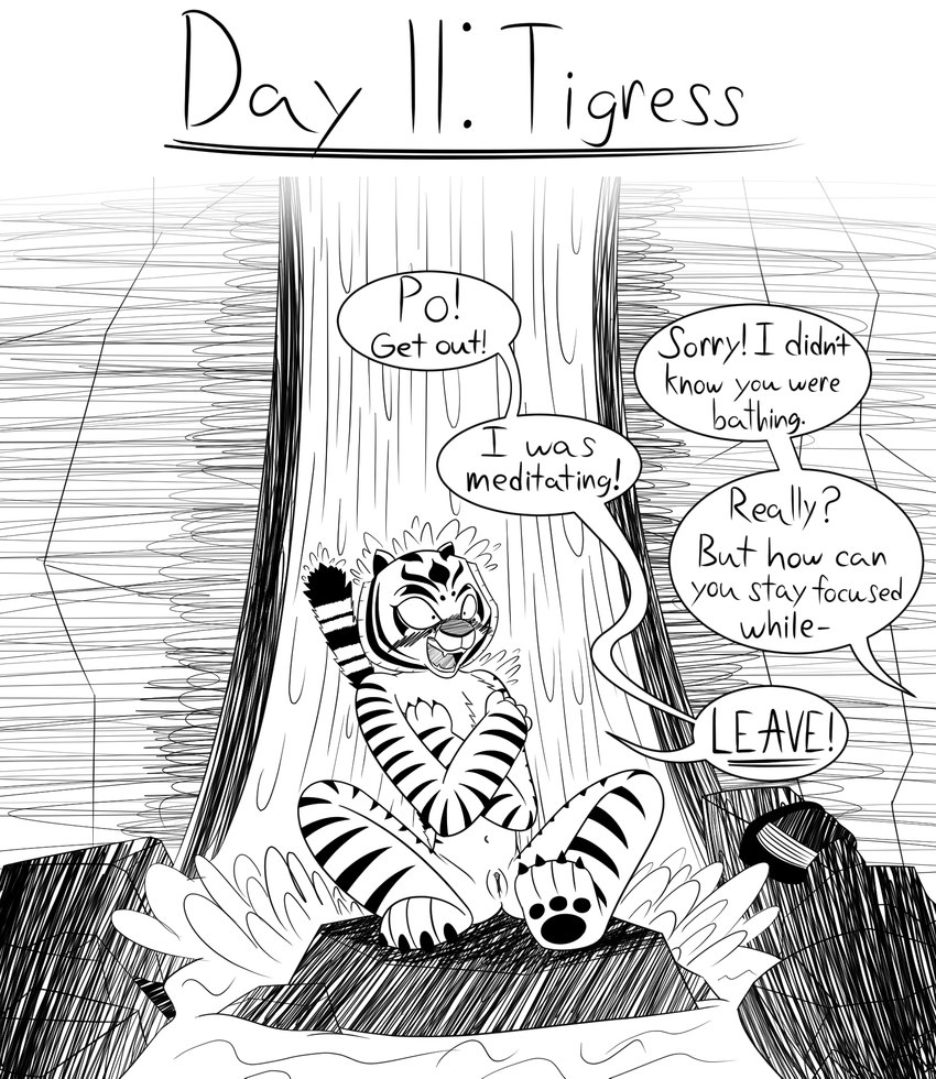 anthro caught_in_the_act count covering covering_chest covering_self day_count dialogue embarrassed female front_view genitals linked_speech_bubble name_drop name_in_dialogue nude number offscreen_character pussy raised_tail shocked sitting solo speech_bubble stripes tail text underline walk-in himitsu dreamworks kung_fu_panda master_tigress felid mammal pantherine tiger 2021 english_text hi_res monochrome