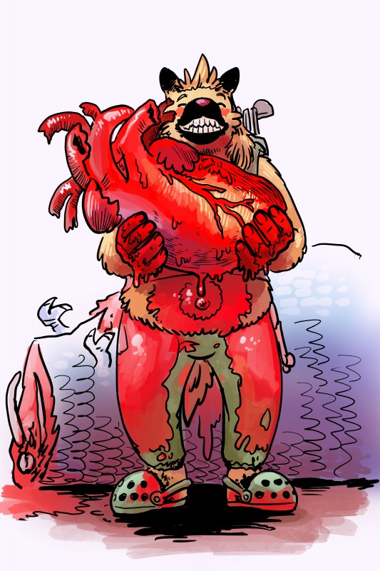 anthro blood bodily_fluids clothing death decapitation duo excessive_blood footwear fur gore heart_(organ) heart_symbol male markings organs outie overweight overweight_male shoes smile solo_focus spots spotted_body spotted_fur p5ych crocs latchkey_kingdom big_eater_busey zull 2017 2:3 absurd_res hi_res