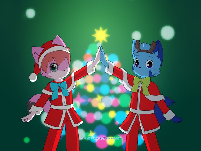 anthro blinking blue_body blue_fur christmas_tree clothed clothing duo fur gesture high_five holidays looking_at_viewer male male/male pink_body pink_fur plant star tree young young_anthro young_male young_on_young hazumazu christmas haziq_(hazumazu) naz_namaki_(cynxie) domestic_cat felid feline felis mammal 2019 4:3 hi_res