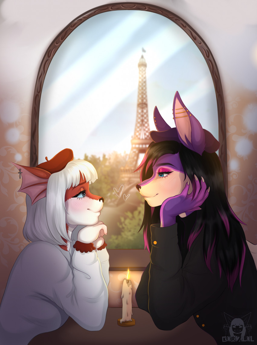 anthro beret candle clothing date duo ear_piercing ear_ring eiffel_tower female frill_(anatomy) furgonomics furry-specific_piercing hat headgear headwear holding_face piercing restaurant ring_piercing romantic romantic_ambiance korvalol nintendo pokemon bat eeveelution generation_1_pokemon mammal pokemon_(species) vaporeon hi_res