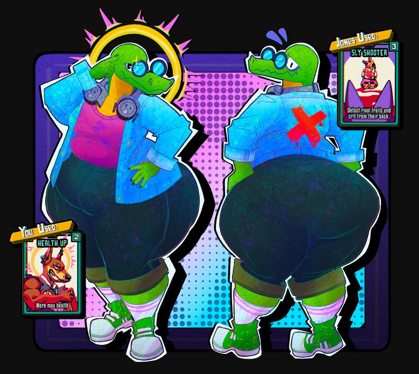 anthro belly big_butt biped blue_clothing blue_jacket blue_topwear bottomwear butt clothing denim denim_clothing denim_jacket denim_topwear ear_piercing ear_ring electronics eyewear footwear front_view glasses green_body green_clothing green_footwear green_scales green_shoes halo headphones jacket male overweight overweight_anthro overweight_male paint piercing pink_clothing pink_shirt pink_topwear pointy_ears prick_ears rear_view ring_(jewelry) ring_piercing scales shirt shoes shorts snout socks solo standing text topwear wide_hips x_marks_the_spot yellow_body yellow_scales aimbot-jones friends_vs_friends dj_newton donnie_b. alligator alligatorid canid canine canis crocodilian domestic_dog mammal reptile scalie 2024 english_text hi_res