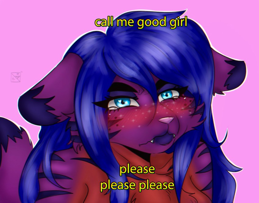 anthro black_eyebrows blue_eyes blue_hair blush bodily_fluids caption cheek_stripes cheek_tuft chest_tuft eyebrows eyeshadow facial_tuft female flattened_ears freckles fur hair heart_eyes heart_symbol lips makeup markings pink_nose purple_body purple_fur purple_lips quivering_lips raised_tail red_body red_fur solo tabby_fur tail tears text tuft whisker_markings unknown_artist ally_cat_(character) cougar domestic_cat felid feline felis mammal tabby_cat absurd_res english_text hi_res