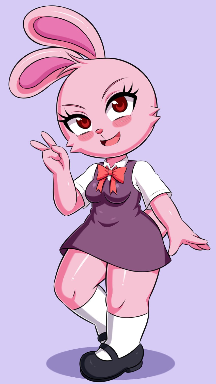 anthro clothed clothing eyelashes feet female fur humanoid_feet pink_body pink_fur plantigrade red_eyes solo thick_thighs wide_hips huitu_c pink_rabbit_(huitu_c) lagomorph leporid mammal rabbit hi_res