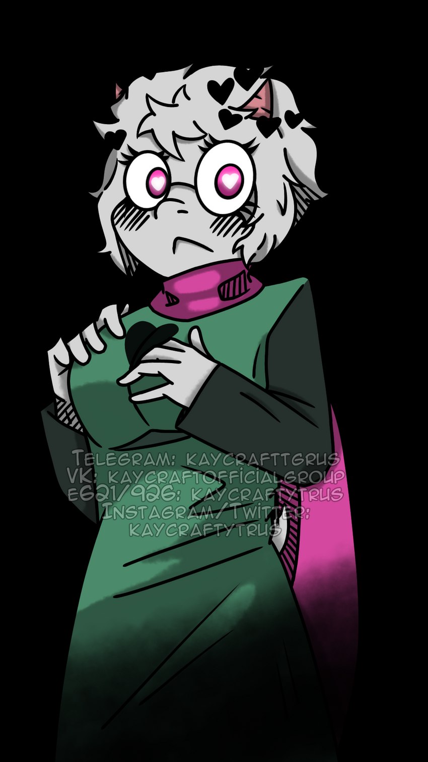 anthro blush breasts clothing coat cosplay crossover_cosplay eyewear female fur glasses green_clothing green_coat green_topwear heart_eyes heart_symbol horn pink_eyes pink_horn pink_scarf scarf tail topwear white_body white_ears white_fur white_hands white_tail kaycraftytrus deltarune helltaker undertale_(series) modeus_(helltaker) ralsei bovid caprine goat mammal 9:16 alpha_channel crossover hi_res