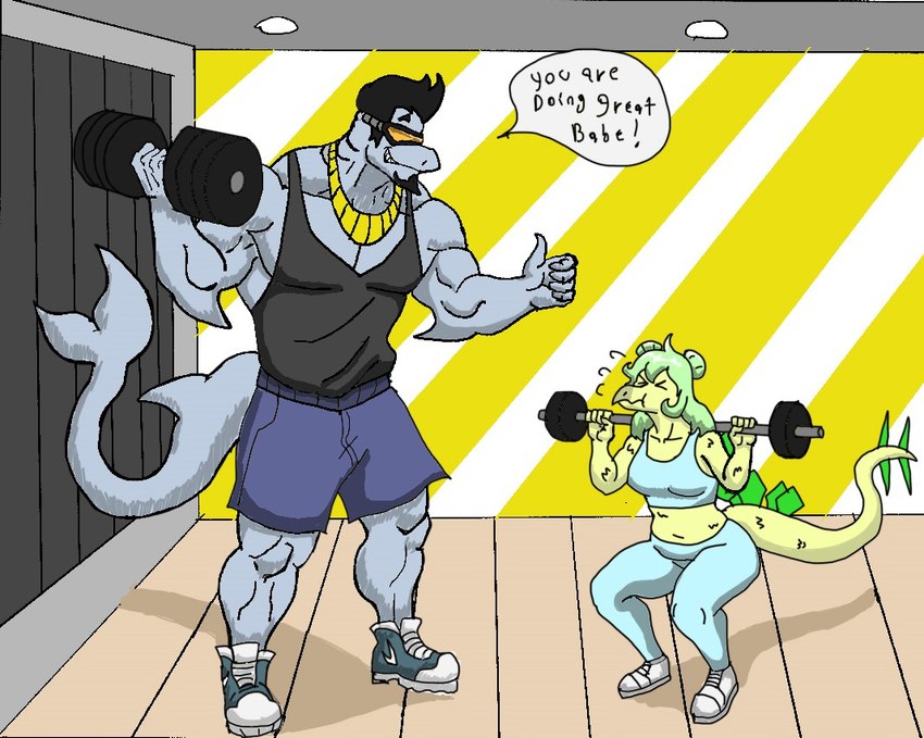 5_fingers anthro arm_fins barbell biceps black_hair bottomwear breasts clothing crop_top detailed_background dialogue dumbbell duo exercise eyes_closed eyewear female fin fingers footwear gesture green_hair grey_body grey_scales hair hair_bun hand_gesture inside leggings legwear long_hair long_tail male midriff muscular muscular_anthro muscular_arms muscular_male scales shirt shoes short_hair shorts smile sneakers snout soulpatch spiked_tail spikes spikes_(anatomy) sunglasses tail tail_fin tank_top text thick_thighs thumbs_up topwear weightlifting weights wide_hips workout workout_clothing yellow_body yellow_scales omegoncrabster cavemanon_studios goodbye_volcano_high snoot_game chadshark_(snoot_game) stella_(gvh_beta) dinosaur fish marine prehistoric_species reptile scalie shark 2024 digital_drawing_(artwork) digital_media_(artwork) english_text