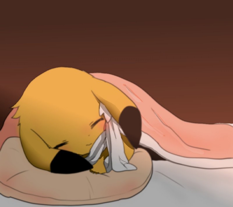 ambiguous_gender bedding blanket brown_background cusion daww eyes_closed feral fur markings neck_bow scarf simple_background sleeping solo yellow_body yellow_fur norenuko nintendo pokemon sepia_(norenuko) generation_1_pokemon mammal pikachu pokemon_(species) unavailable_at_source