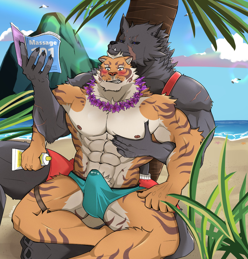 abs anthro barazoku beach black_claws black_sclera blue_clothing blue_eyes blue_speedo blue_swimwear blush bodily_fluids brown_claws brown_stripes bulge chest_grab claws clothing countershading day duo erection erection_under_clothing fangs fur genital_fluids grey_body grey_fur hair hand_on_chest hand_on_pecs looking_down male male/male massage muscular muscular_anthro muscular_male navel nipples on_lap orange_body orange_fur pec_grab pecs plant precum precum_through_clothing pubes purple_eyes red_clothing red_nose red_swimming_trunks red_swimwear sand scar seaside sitting sky speedo striped_body striped_fur stripes summer swimming_trunks swimwear teeth tenting water wet wet_clothing white_body white_fur white_hair neeksaki elden_ring fromsoftware nekojishi studio_klondike blaidd_(elden_ring) lin_hu asterozoan canid canine canis echinoderm felid mammal marine pantherine starfish tiger wolf hi_res