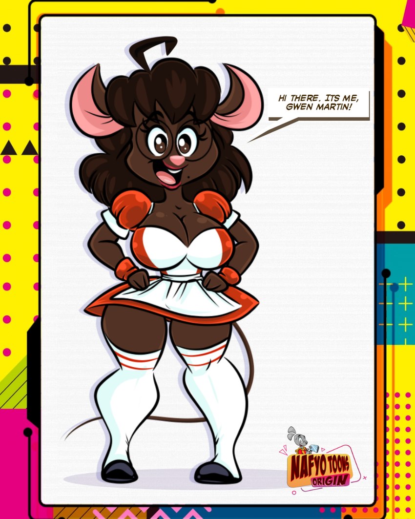 anthro clothing dress eyewear female footwear glasses legwear logo shoes slippers solo speech_bubble stockings text nafyo-toons gwen_geek boga_squeak gwen_martin mammal mouse murid murine rodent 4:5 artist_logo english_text