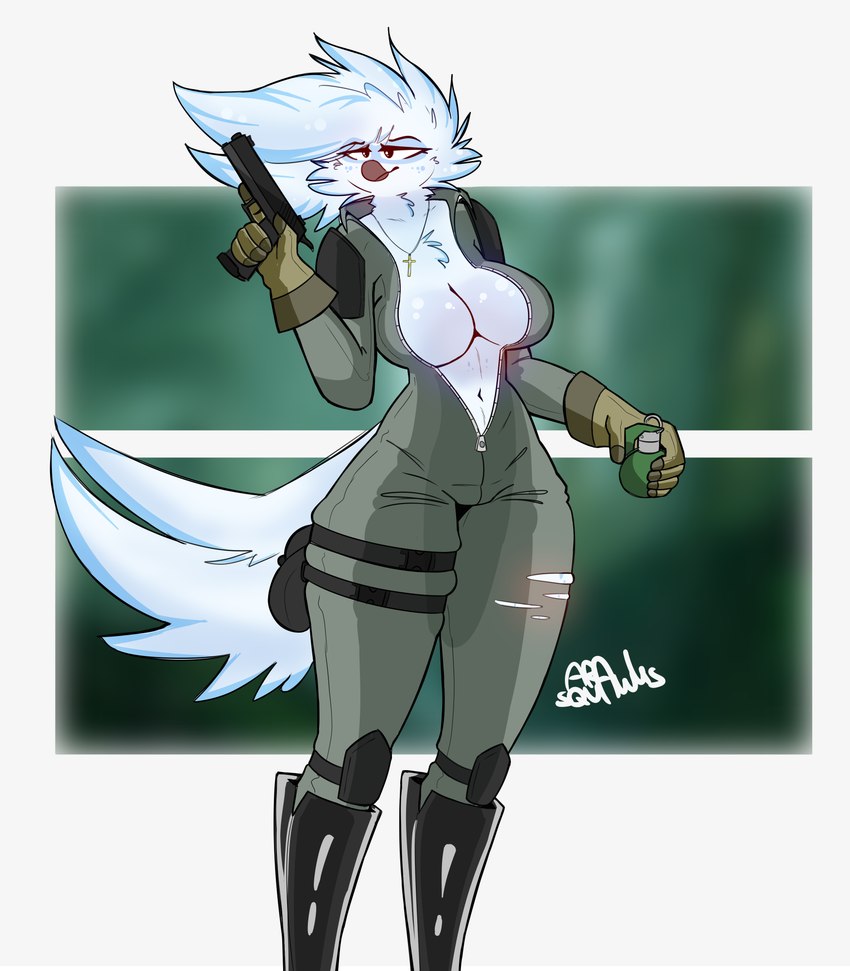 anthro beak belly blue_body breasts clothing explosives feathers female gloves grenade gun handwear jumpsuit latex markings midriff ranged_weapon solo straps tactical_gear weapon white_body zipper ara_squawks arathemacaw tyra_(arathemacaw) avian bird owl absurd_res hi_res