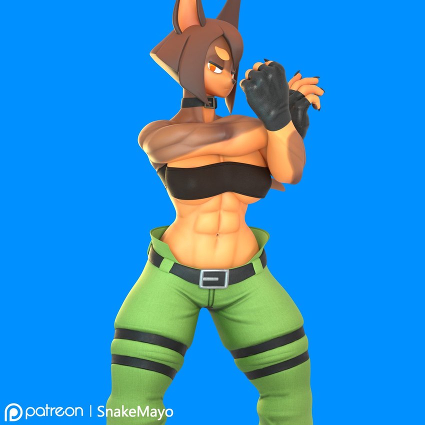 abs anthro bandeau blue_background brown_body brown_fur brown_hair clothing collar female fingerless_gloves fur gloves hair handwear multicolored_body multicolored_fur muscular muscular_anthro muscular_female simple_background solo stretching topwear two_tone_body two_tone_fur snakemayo dog_knight_rpg rory_(ceehaz) canid canine canis dobermann domestic_dog mammal pinscher 1:1 2023 3d_(artwork) digital_media_(artwork) hi_res