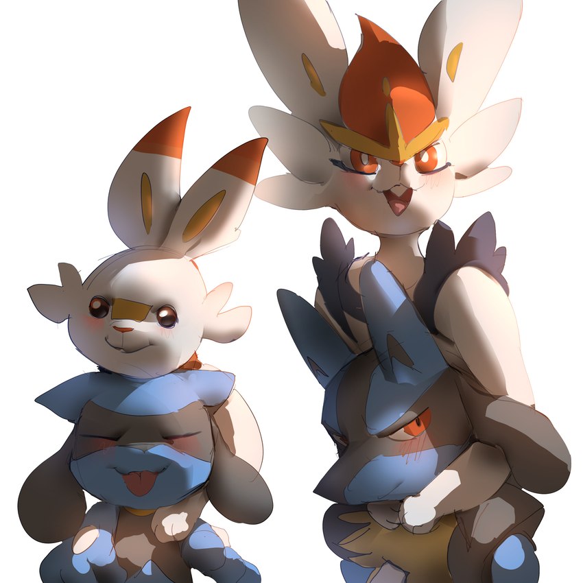 ambiguous_gender anthro biped black_body blue_body blush eyes_closed fur group red_eyes simple_background smile tongue tongue_out white_background white_body white_fur austinarts4 nintendo pokemon cinderace generation_4_pokemon generation_8_pokemon lucario pokemon_(species) riolu scorbunny 1:1 absurd_res hi_res