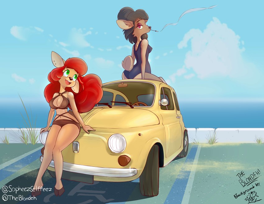 anthro beach big_breasts big_butt bikini breasts brown_hair butt car clothing duo ear_piercing female fluffy fluffy_hair fluffy_tail gold_ear_piercing hair leaning leaning_backward long_hair piercing ponytail red_hair sitting sky smoking summer swimwear tail thick_thighs two-piece_swimsuit vehicle the_blondeh fiat fiat_500 sophie_(forest_fever) tabby_(forest_fever) deer mammal absurd_res hi_res